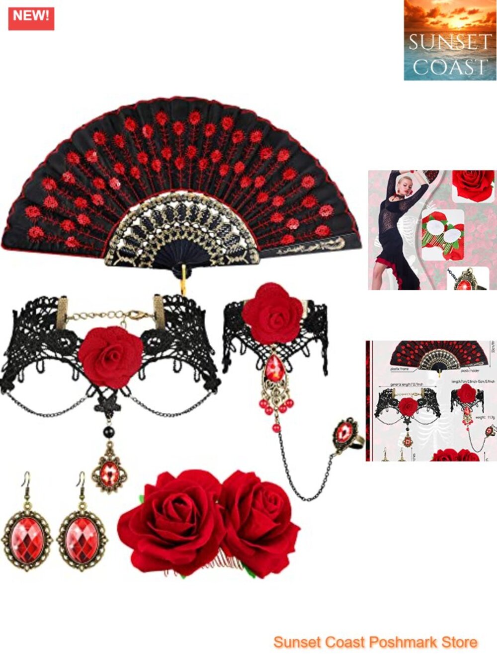 Flamenco Accessory Set Red Rose Hair Clip Fan Choker Bracelet Earrings